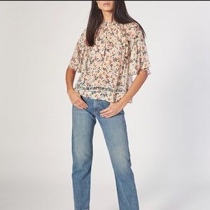 Joie Imani Lattice-trimmed Floral print Silk Crépon‎ Top in Écru Size Medium